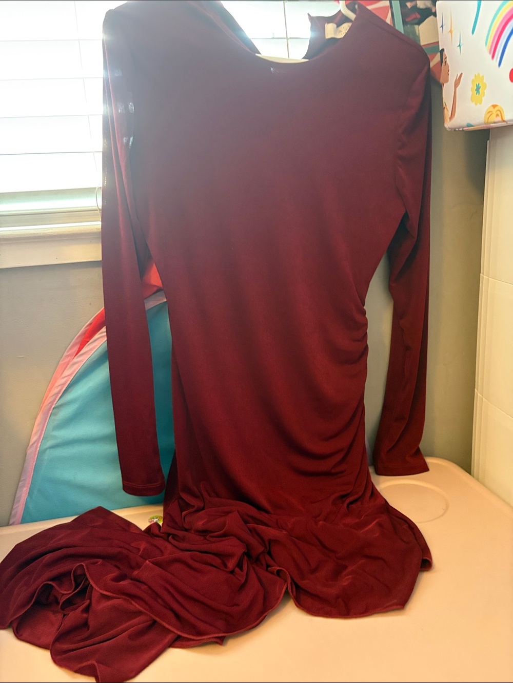 Women's Long-Sleeve Burgundy Sleepwear Dress